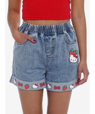 Hello Kitty Strawberry Elastic High-Waisted Denim Shorts $15.32 Shorts
